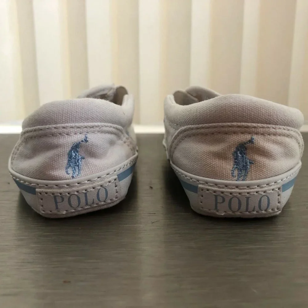 Ralph Lauren Baby Boy Canvas Shoes Slip On White Light Blue Logo Size 2 - Picture 6 of 11